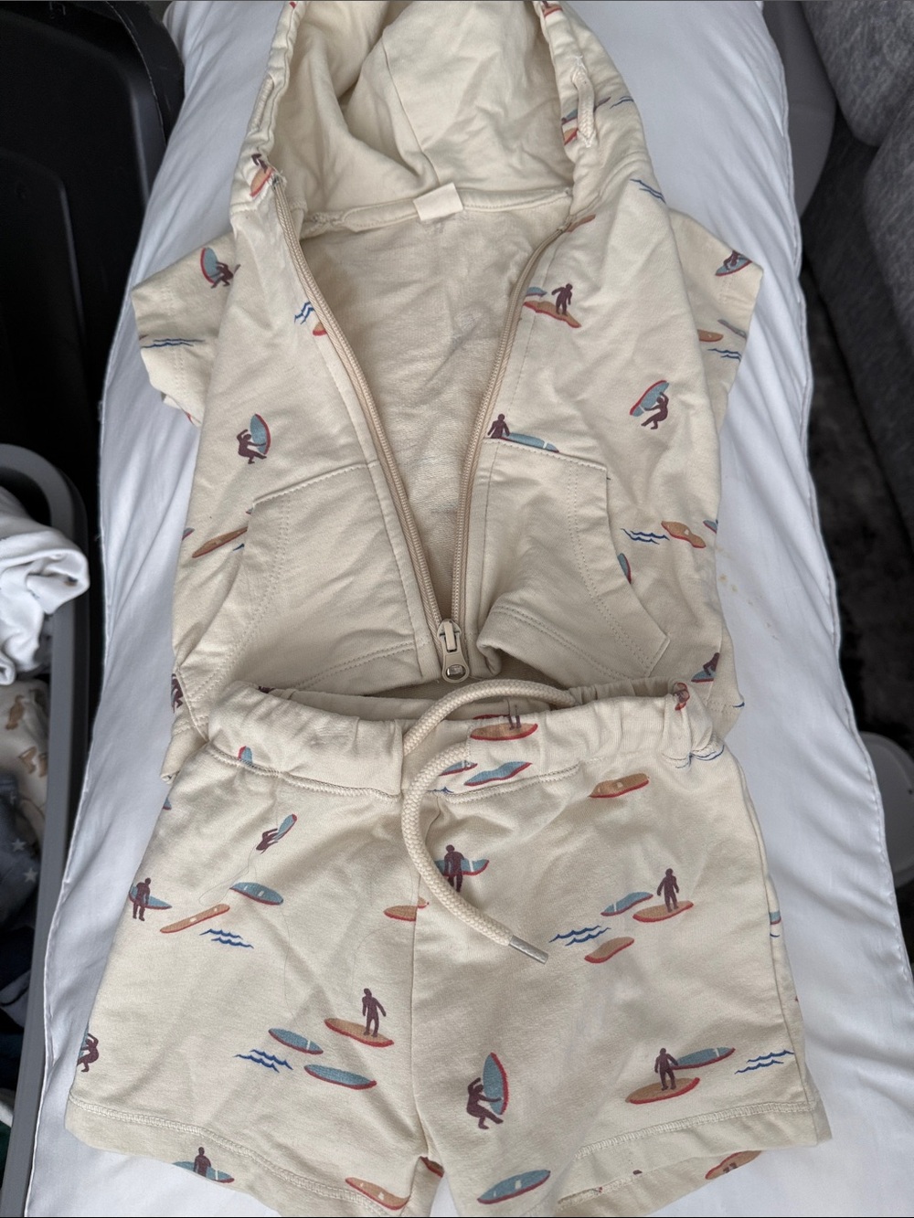 Cream Surfer Print Hoodie & Shorts Set